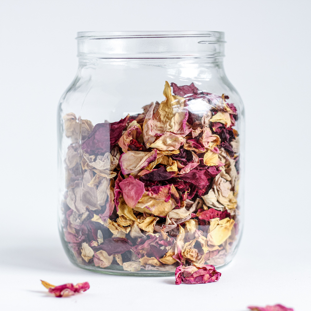 jar of red and yellow roses white background
