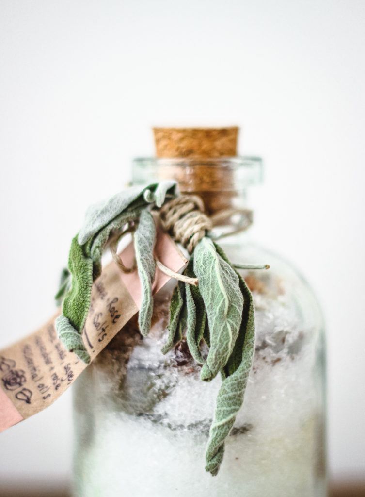 bath salt soak with herbs in glass jar