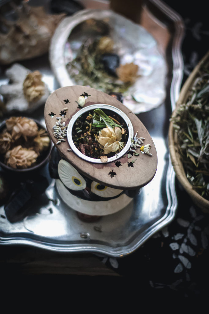mugwort hops dream tea steeping in owl mug