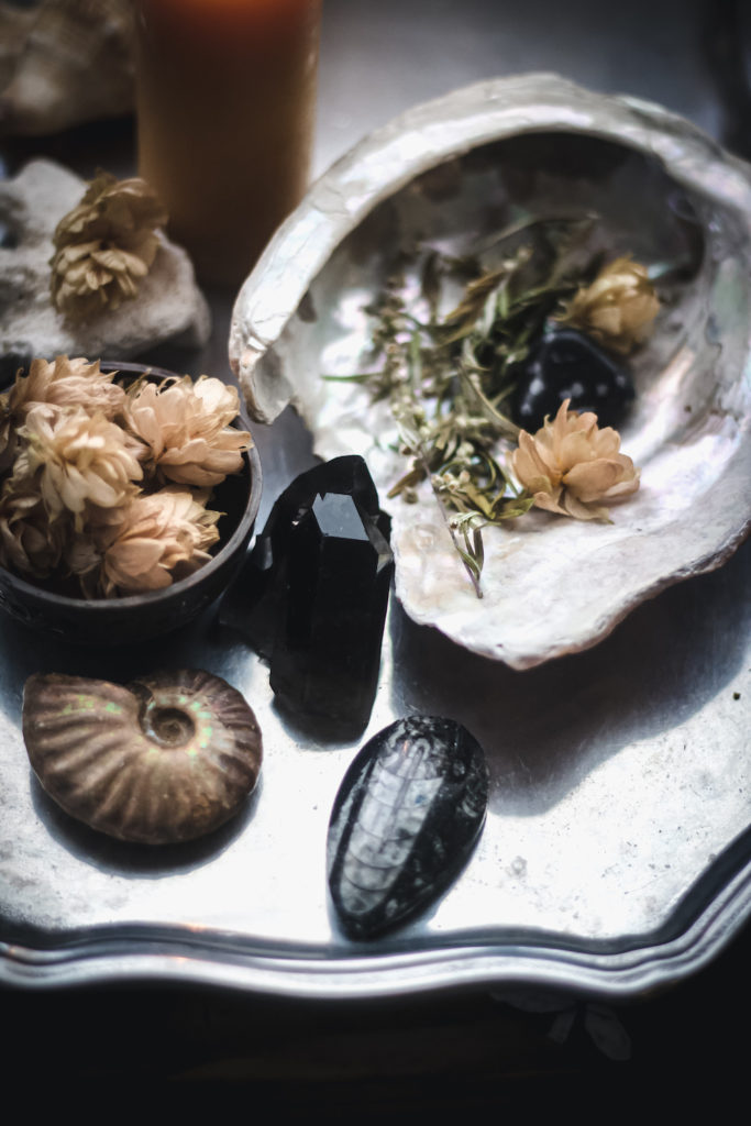 smokey quartz and herbs in shell