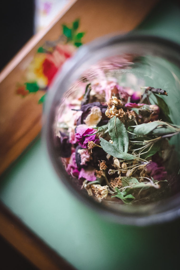 hawthorn rose tea blend in glass jar